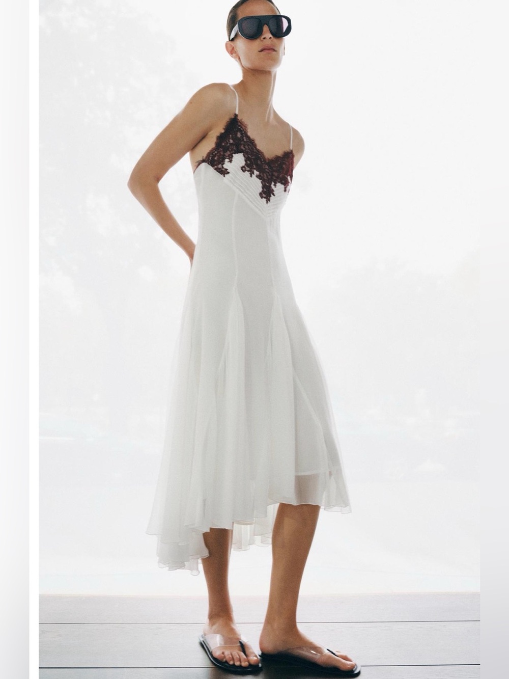NWT Zara White Midi Dress with Lace Trim Asymmetric Hem 0392/106/250 XS